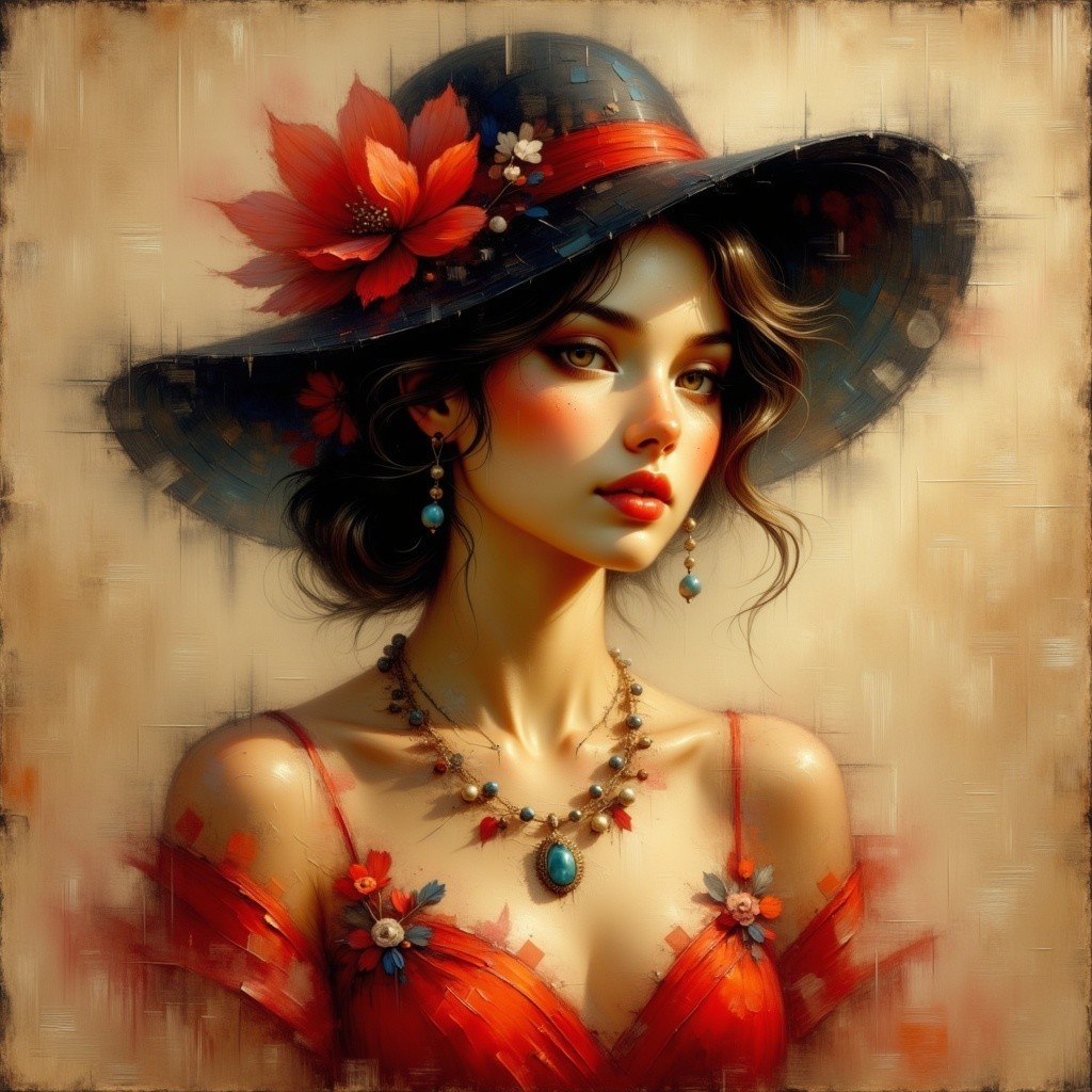 Portrait of a Young Woman in a Red Dress and Hat