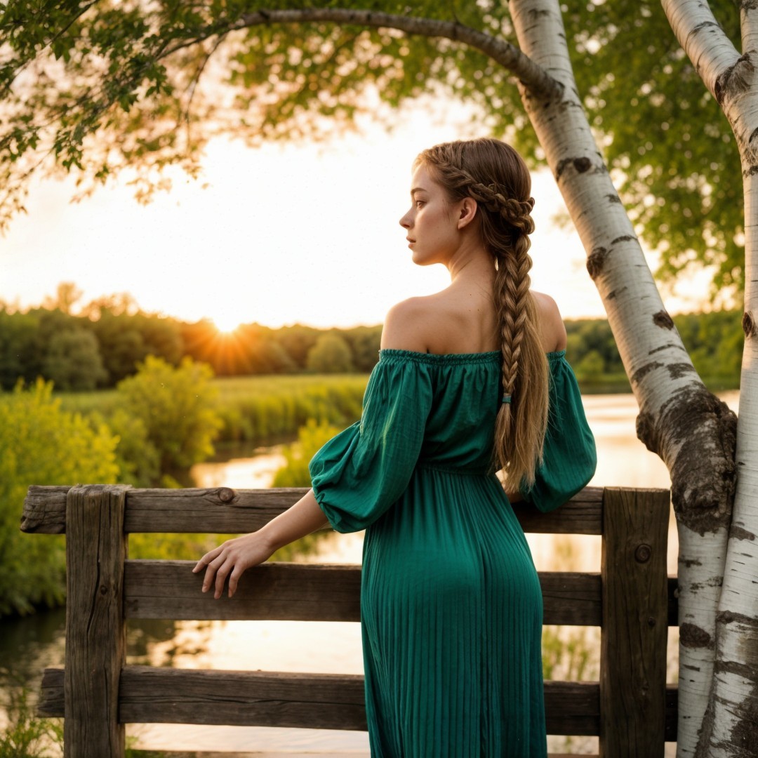 Young woman in green dress by river at sunset