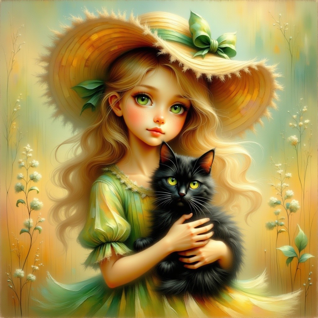 Young girl with cat in whimsical floral setting