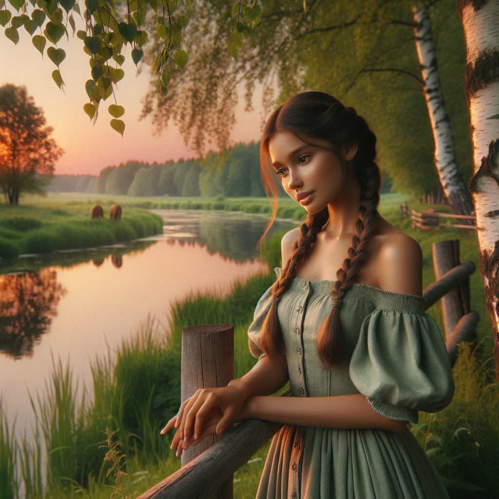 Young Woman by River at Sunset in Green Dress