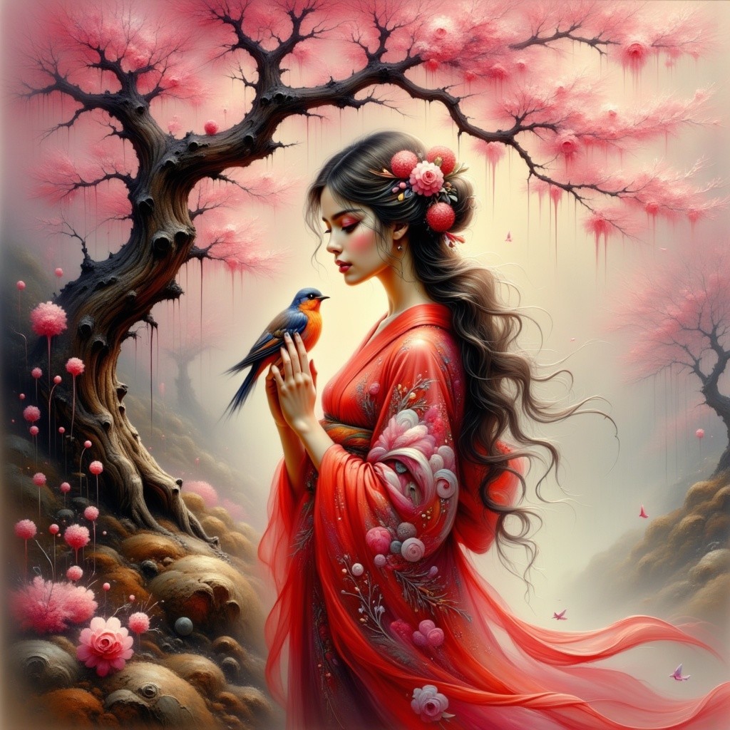 Woman in red kimono among cherry blossoms with bird