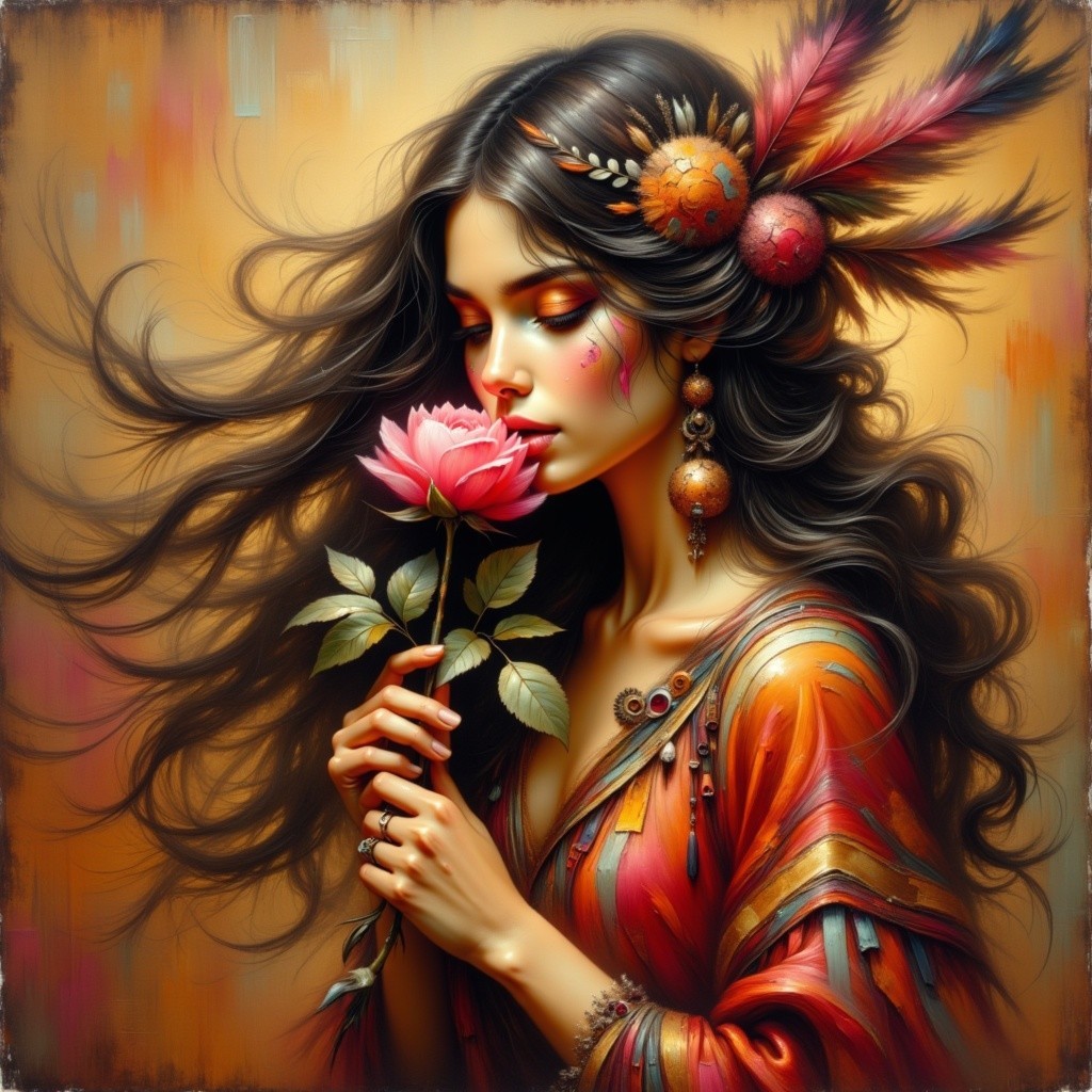 Woman with Dark Hair, Feathers, and Pink Rose