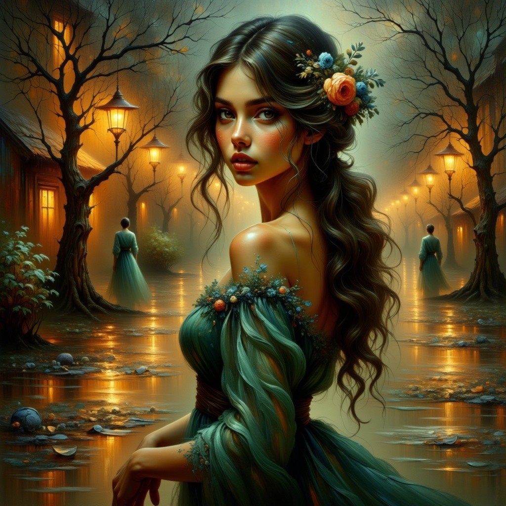 Magical Evening Scene with Elegant Women in Dresses