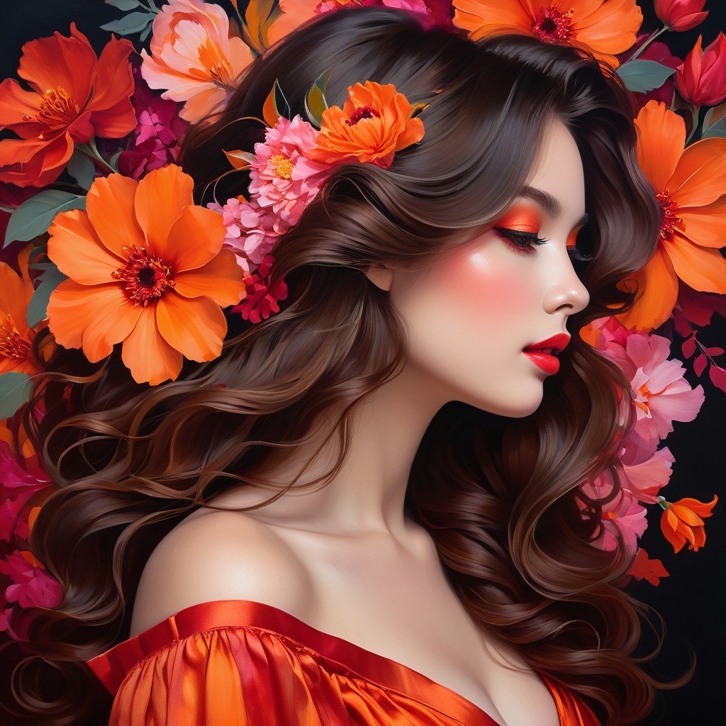 Side Profile of Woman with Floral Hair and Dress