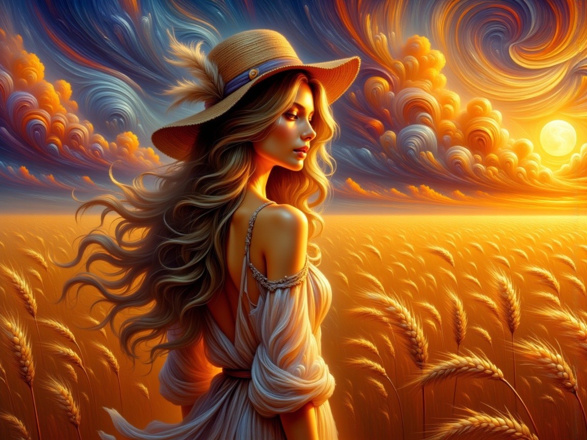 Young woman in wheat field at sunset with straw hat
