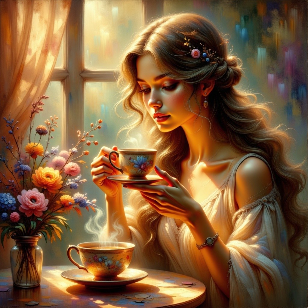 Woman Enjoying Tea in a Sunlit, Serene Room