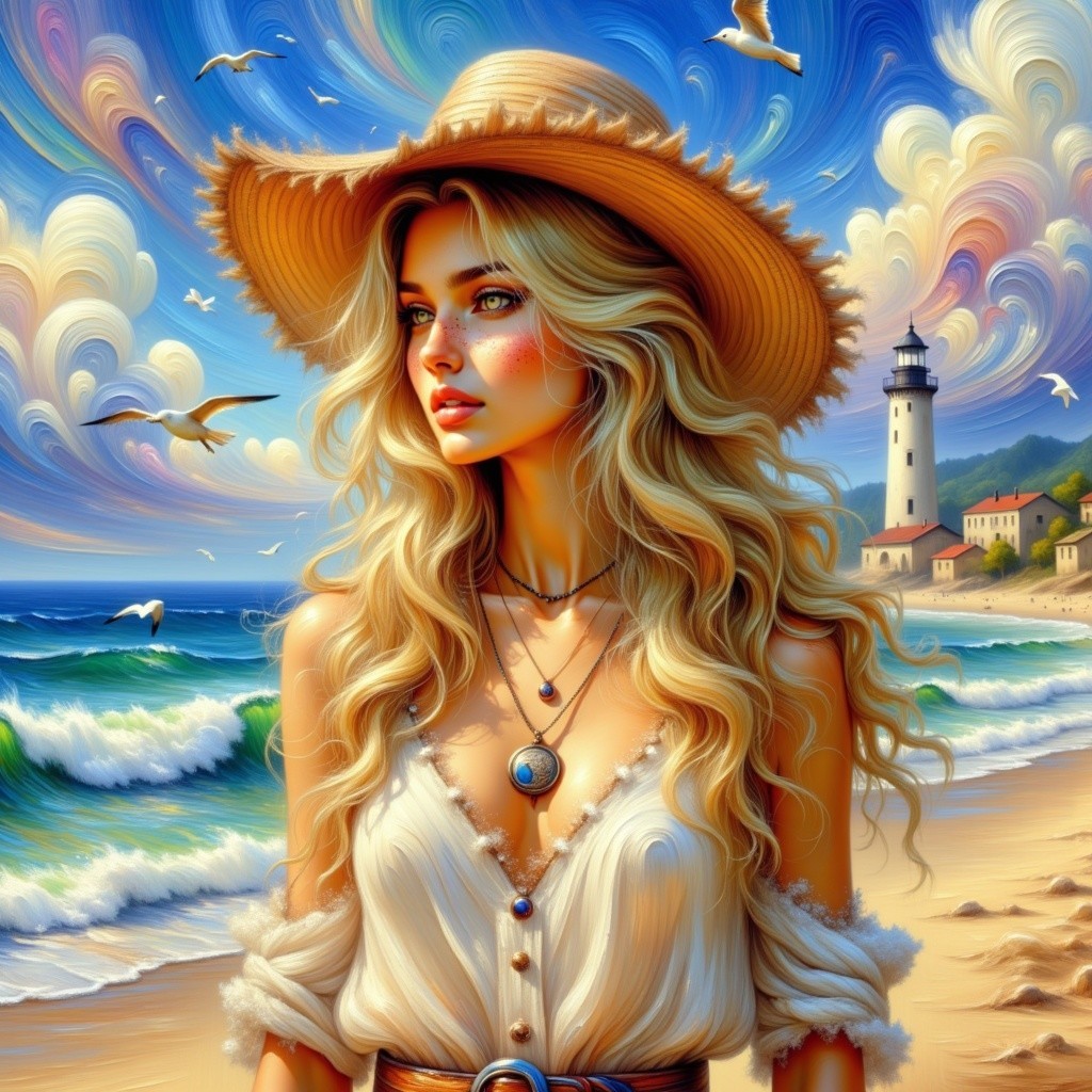 Serene beach scene with a woman by the ocean