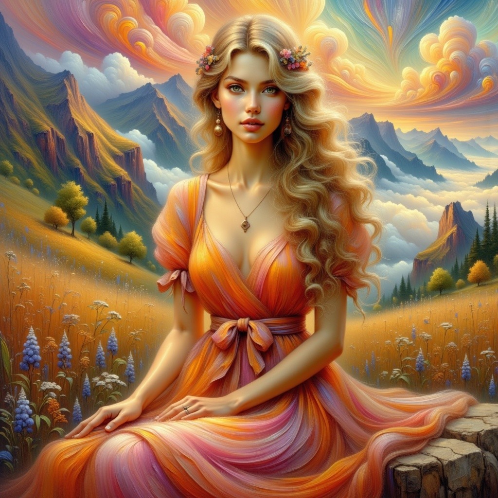 Young Woman in Vibrant Dress Amidst Serene Landscape