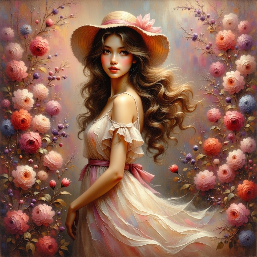 Young Woman in Pale Dress Surrounded by Flowers