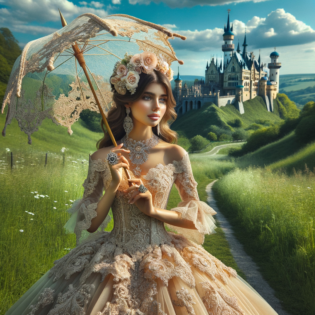 Young woman in lace gown with parasol in lush landscape