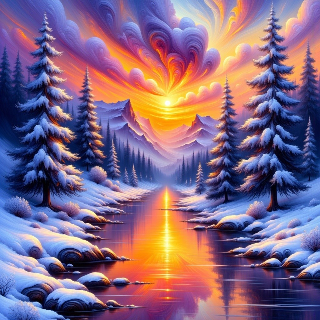 Winter Landscape with Snow-Covered Pines and Mountains