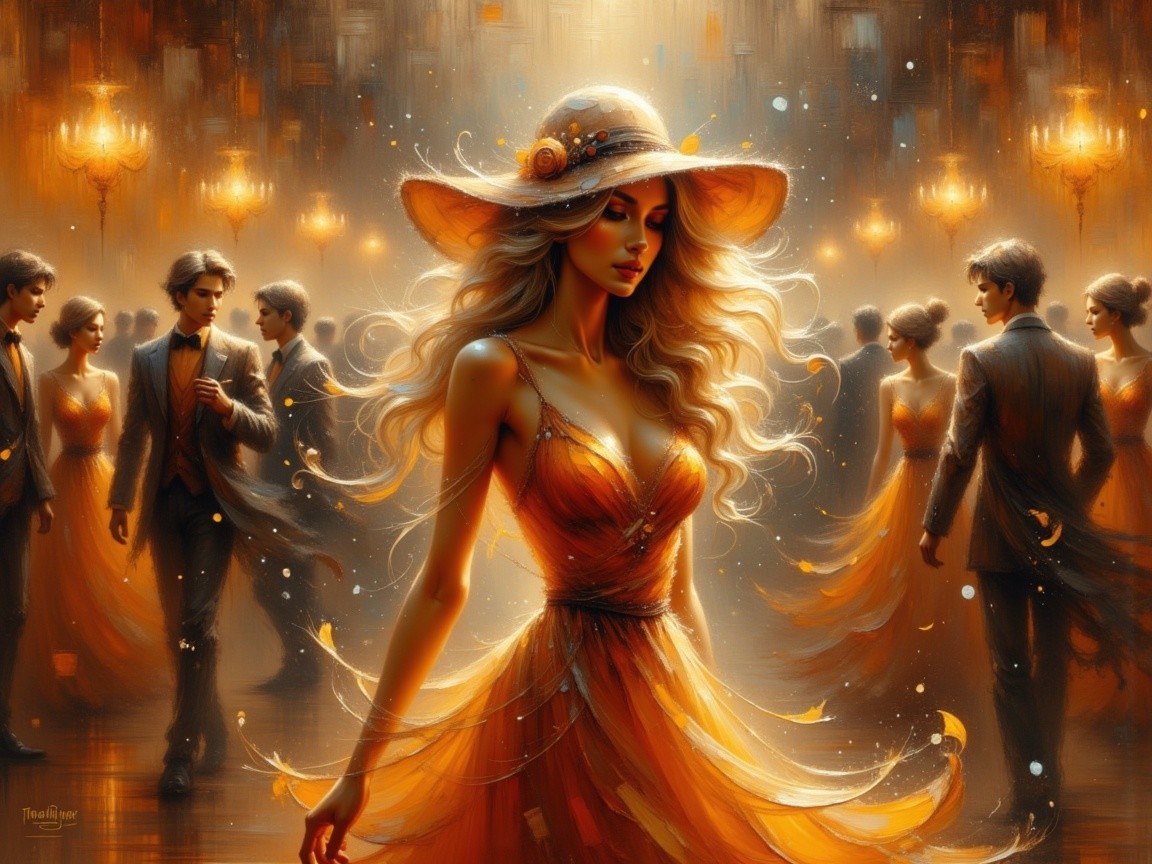 Elegant ballroom scene with dancing couples and a woman