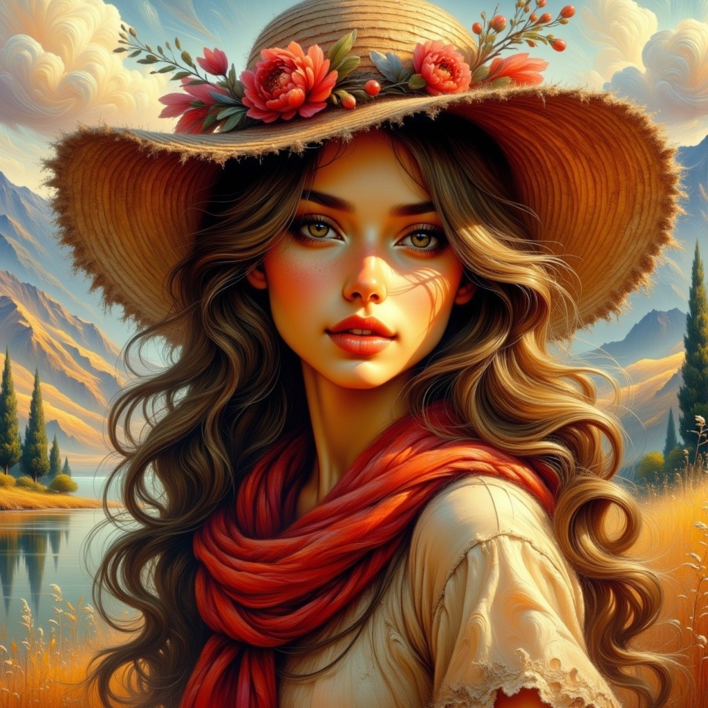 Young woman in serene landscape with mountains and lake