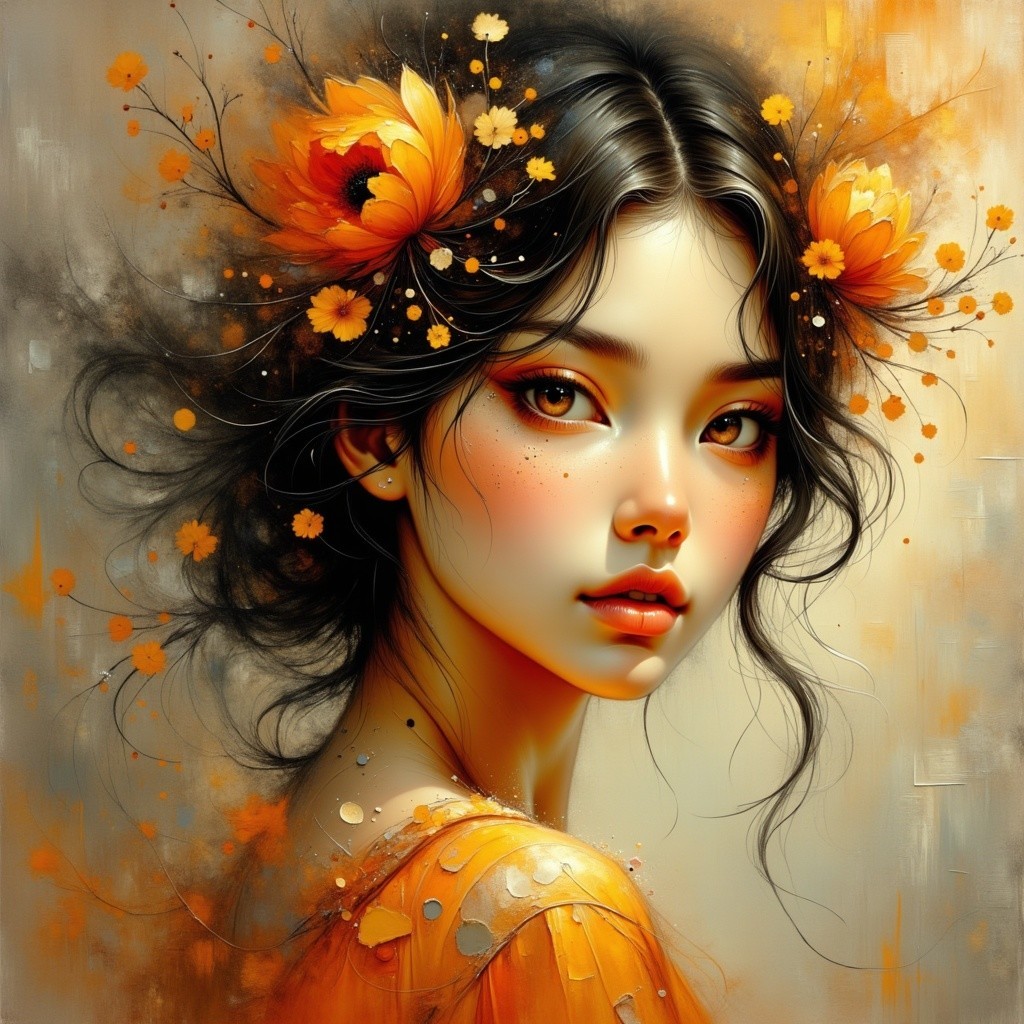Young woman with dark hair and floral adornments