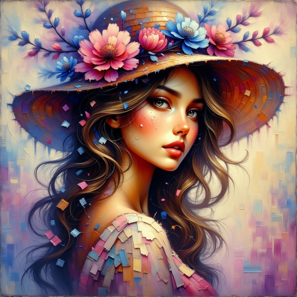Young woman with flowers in a straw hat and pastels