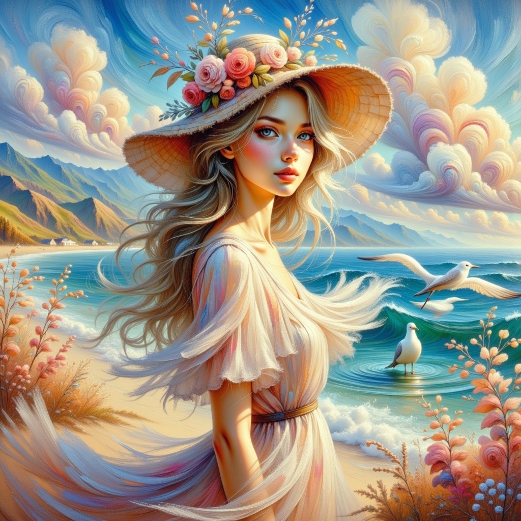 Coastal Scene with Woman in Floral Hat and Waves