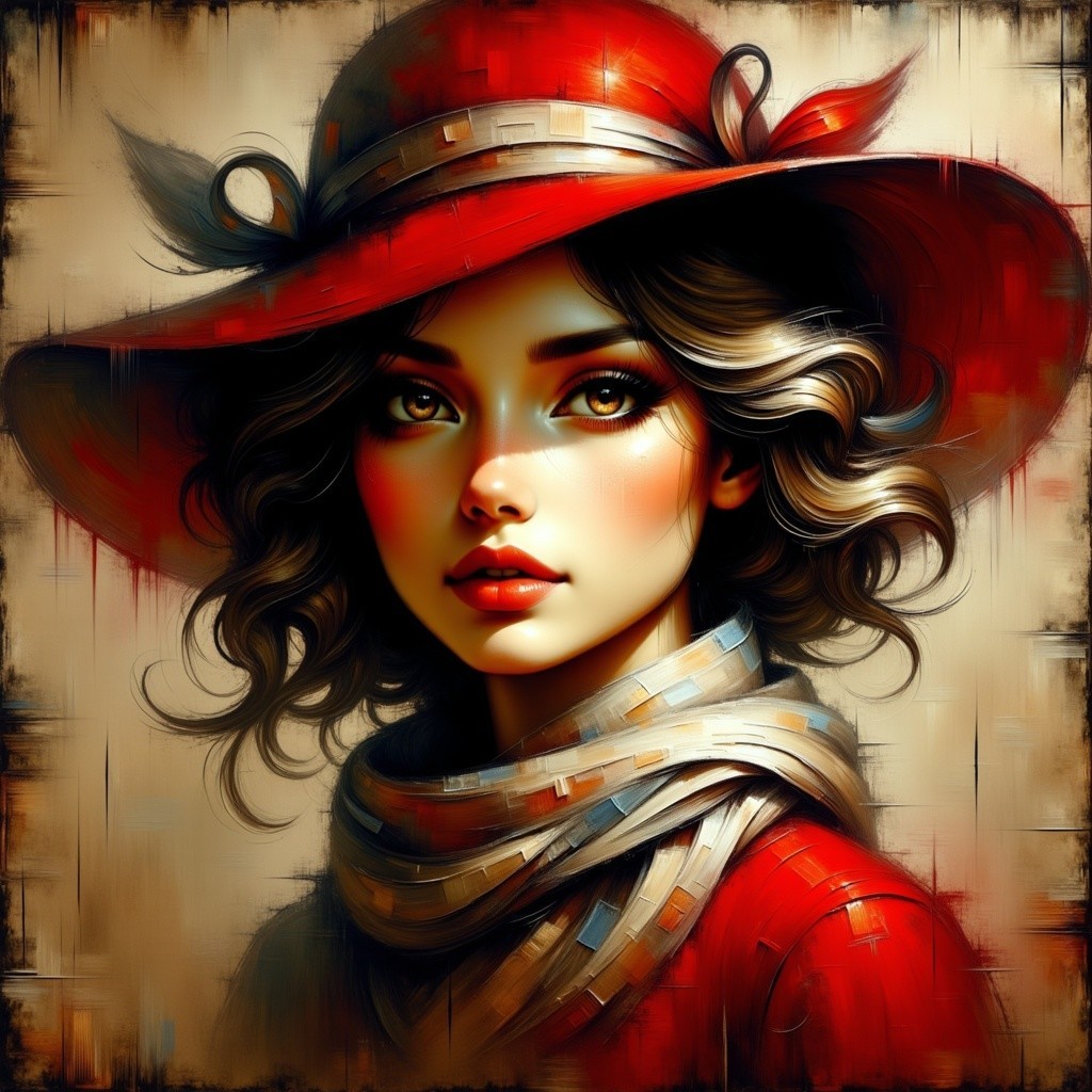 Portrait of a Young Woman in Red Hat and Scarf
