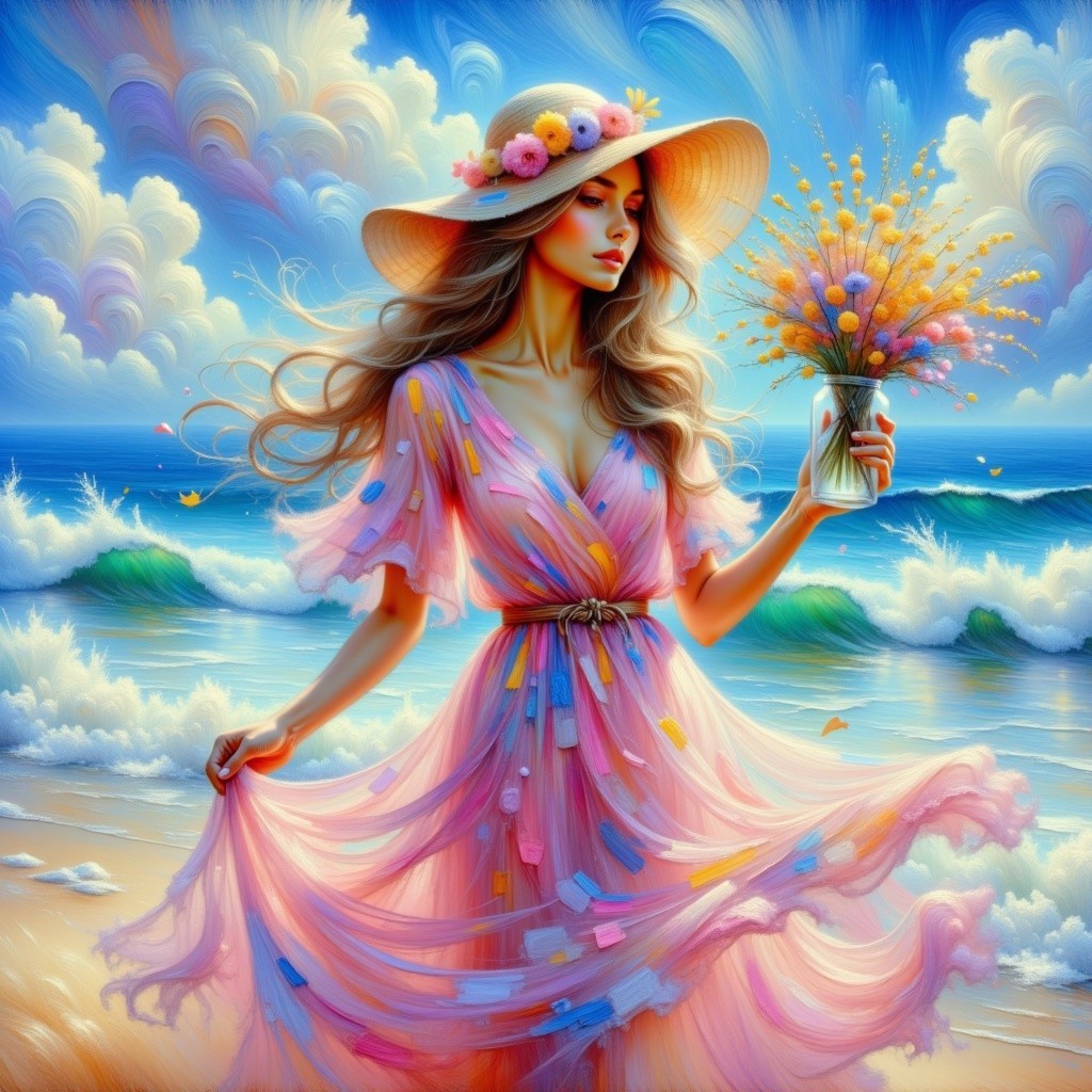 Woman in pastel dress twirling on a beach scene