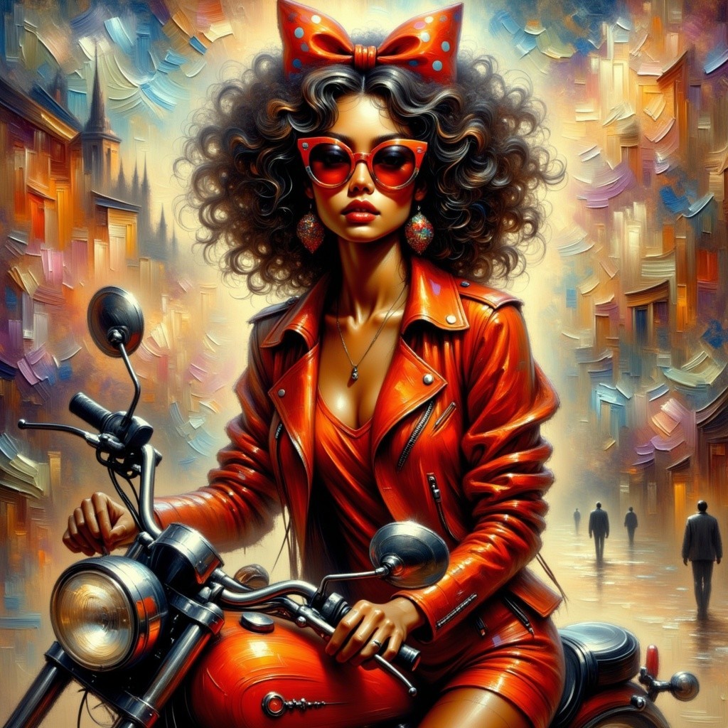 Young Woman on Vintage Motorcycle in Colorful Cityscape