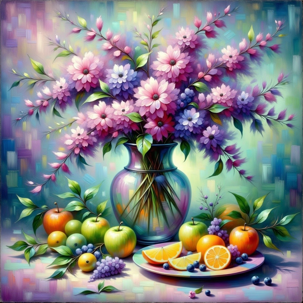 Vibrant Still Life with Flowers and Colorful Fruits