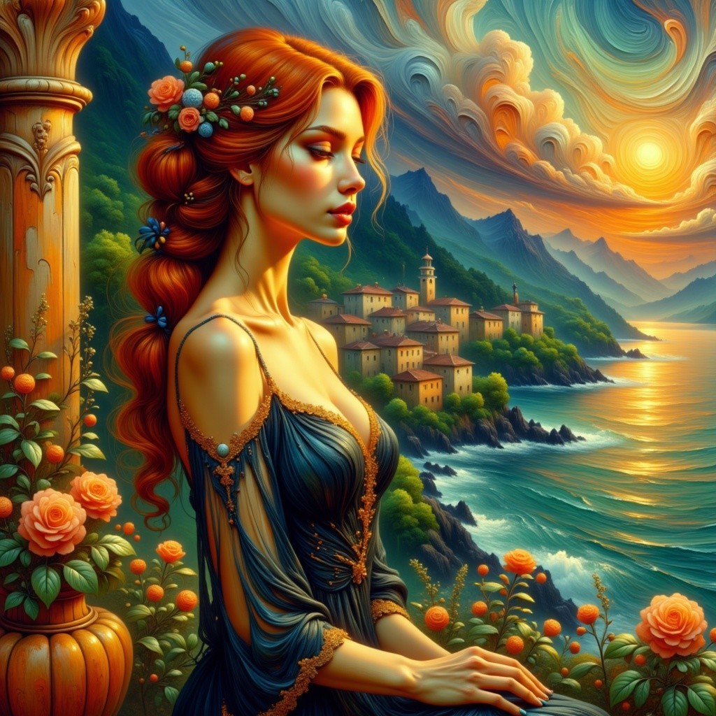 Serene Woman by Tranquil Sea in Fantasy Landscape
