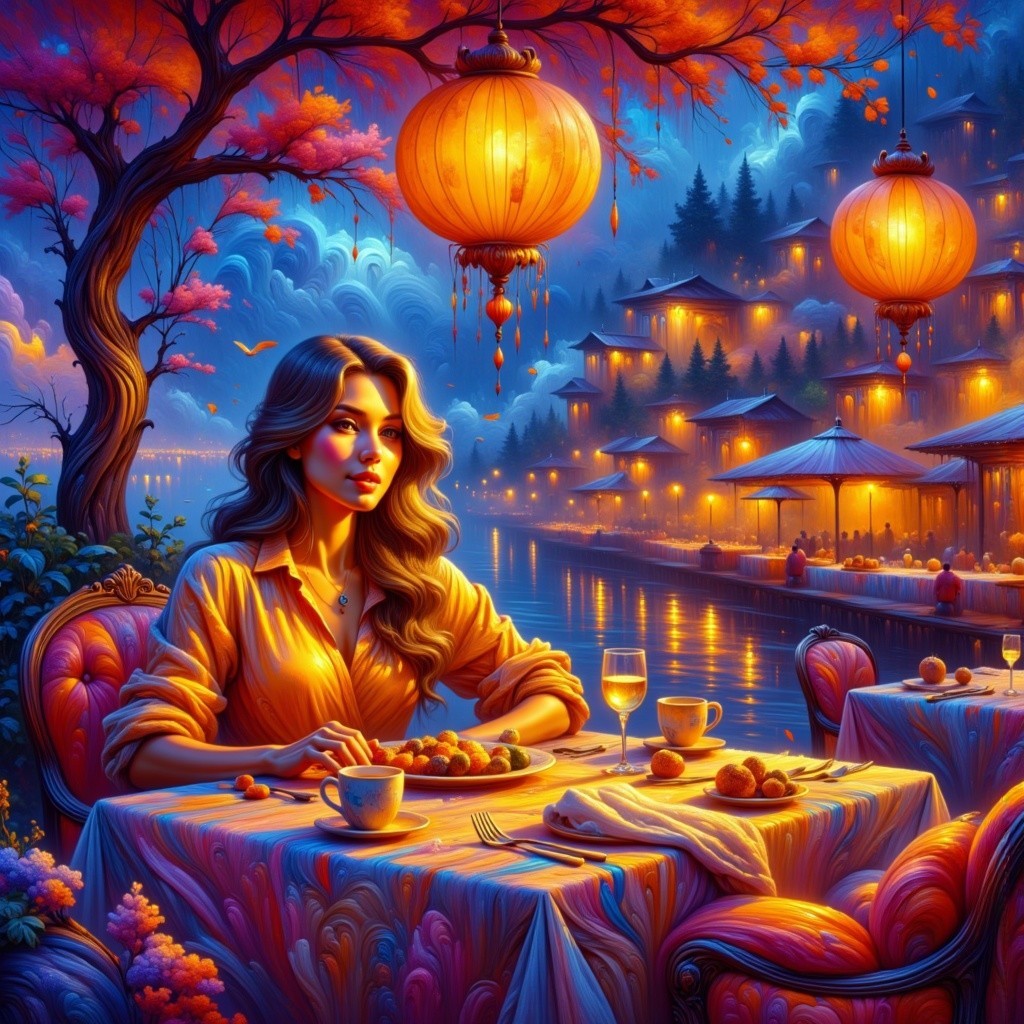 Elegant Woman at a Lantern-Lit Table by River