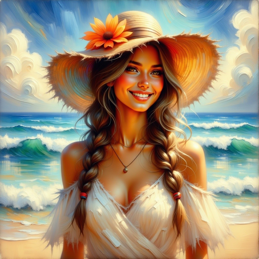 Young Woman in Straw Hat by the Ocean in Summer