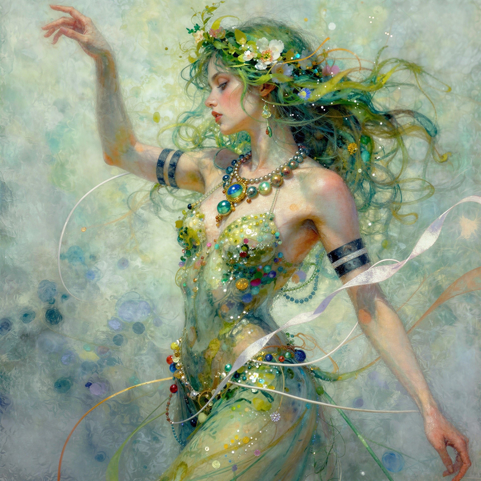 Dryad with Green Hair and Colorful Beaded Dress