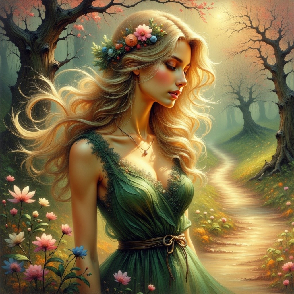 Young woman in green dress in enchanting forest setting