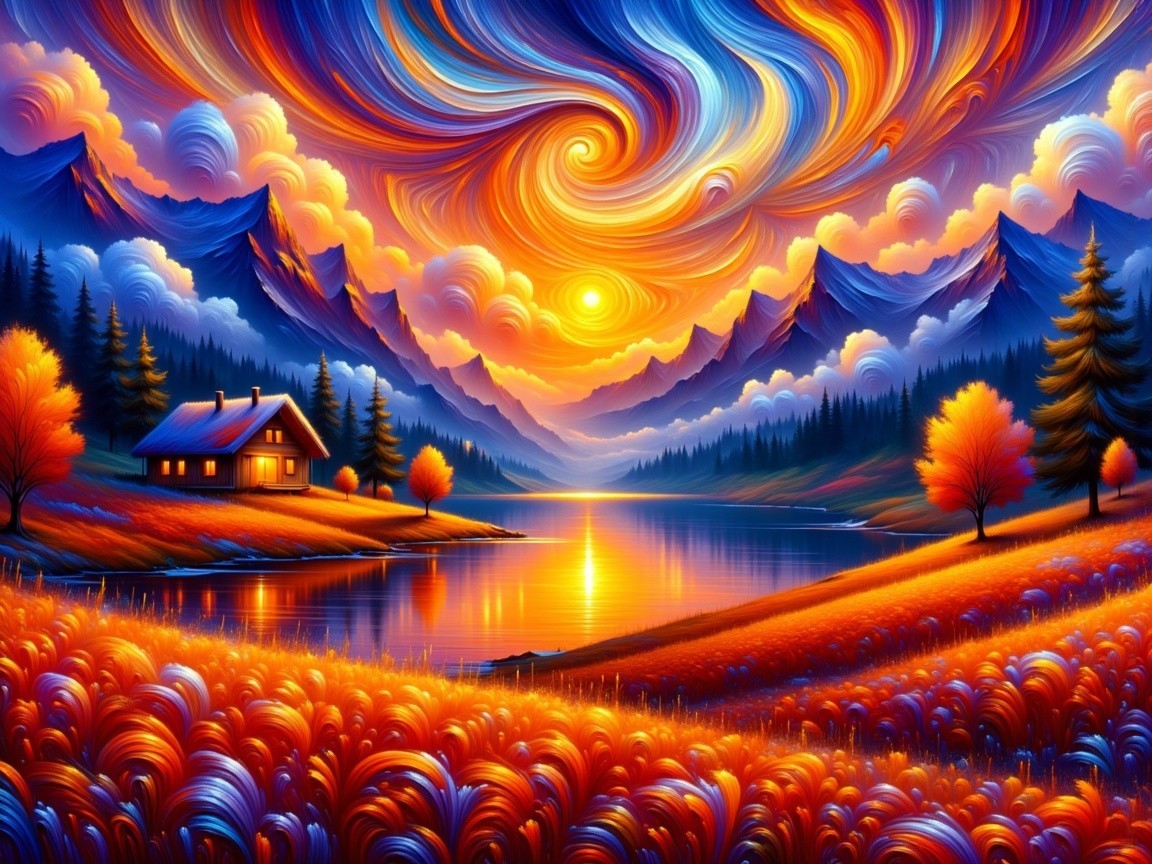 Vibrant Landscape with Cabin and Autumn Foliage