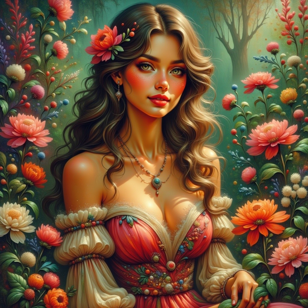 Enchanting Forest Scene with Floral Adorned Woman