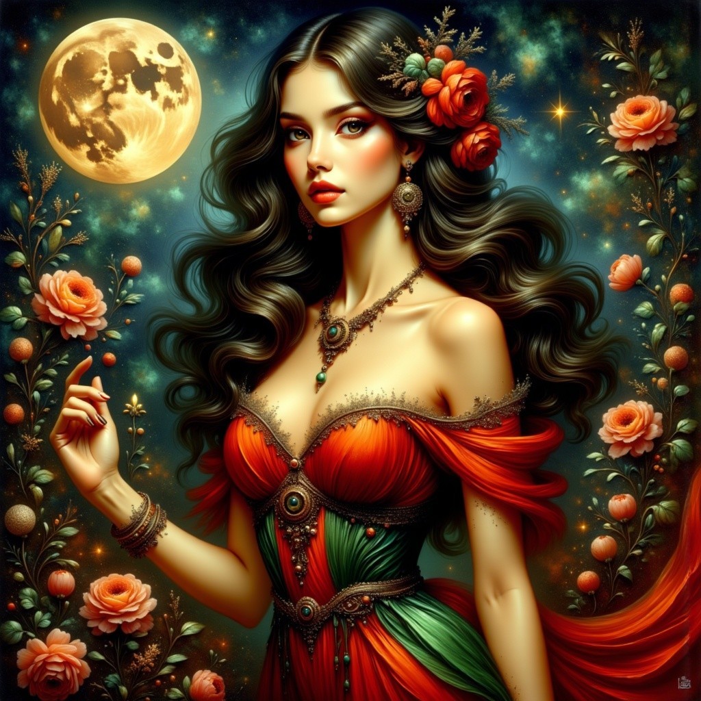 Woman in Red and Green Gown Under Starry Night Sky