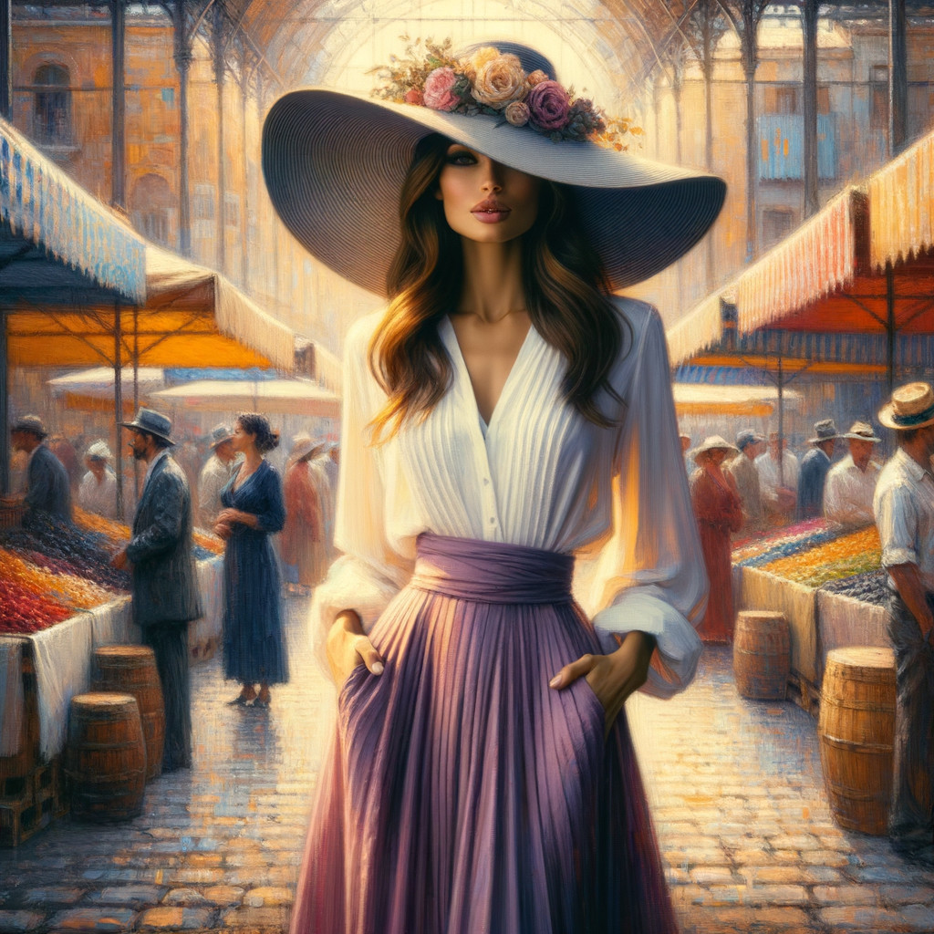 Elegant Woman in Lavender Skirt at Vibrant Marketplace