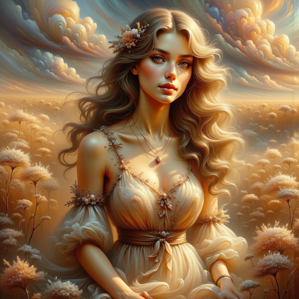 Woman in Ethereal Dress in Golden Field with Clouds