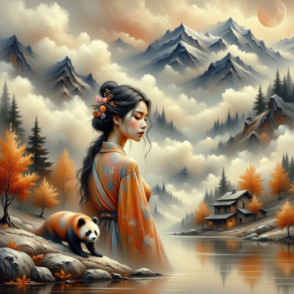 Young Woman in Kimono by Tranquil Lake and Mountains