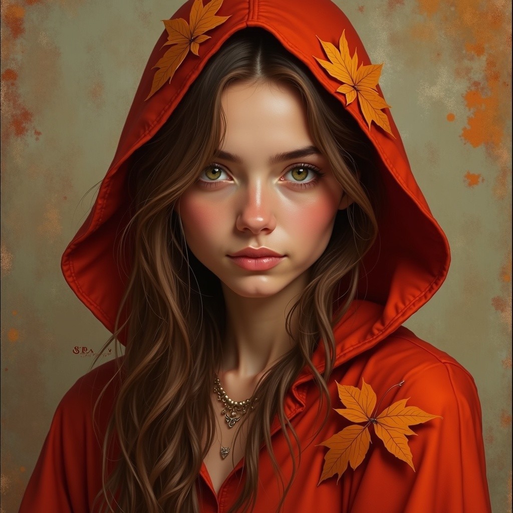 Young woman in orange hoodie with autumn leaves