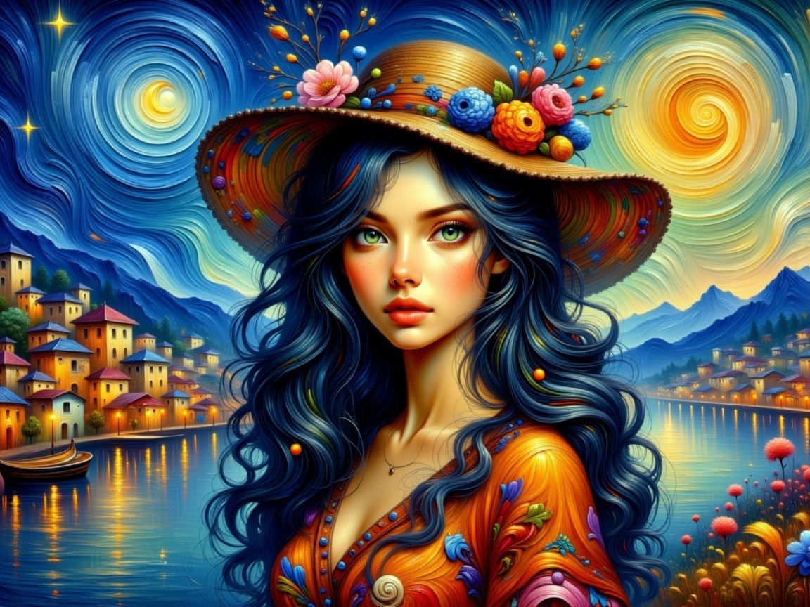 Vibrant Scene of Woman with Blue Hair in Lakeside Village