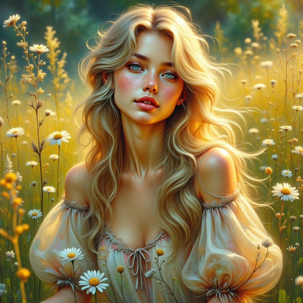Young Woman in Wildflower Field with Sunlit Beauty
