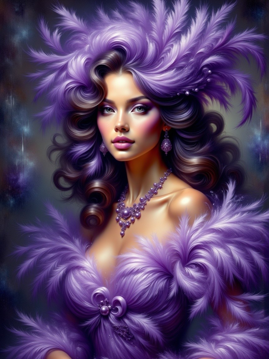 Hyperrealistic Portrait of Elegant Woman with Purple Hair
