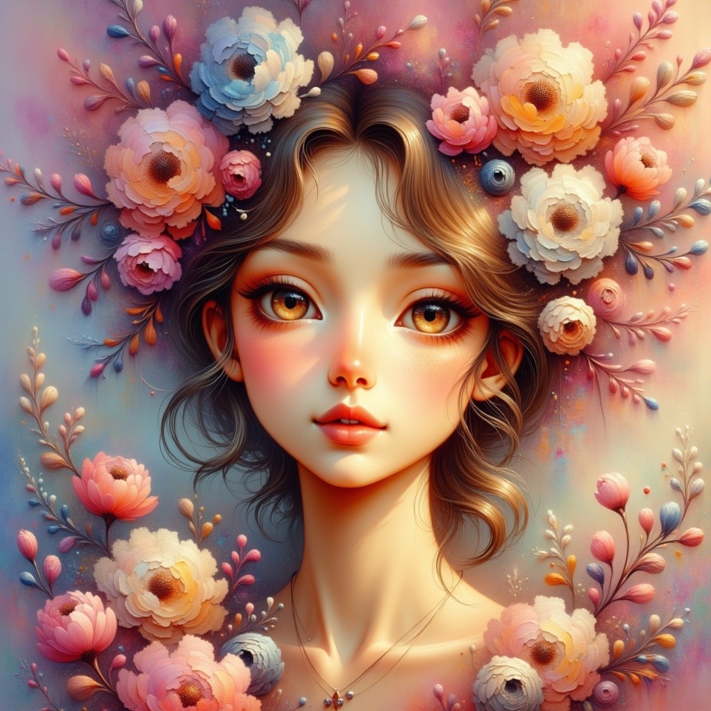 Illustrated Portrait of a Young Woman with Flowers