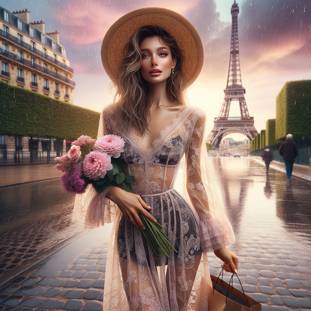Stylish Figure in Lace Robe at Eiffel Tower in Rain