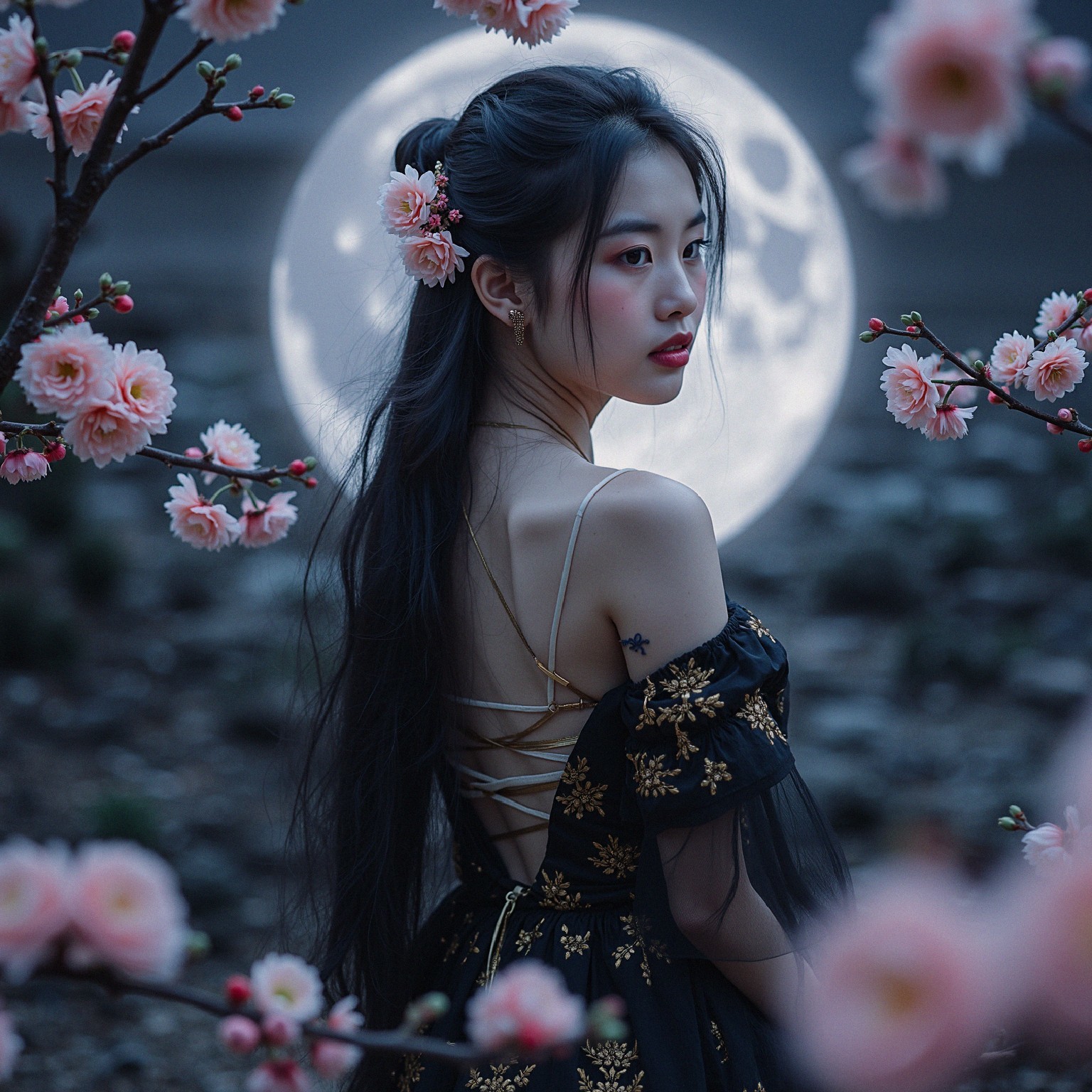 Young Woman in Black Dress Amid Cherry Blossoms