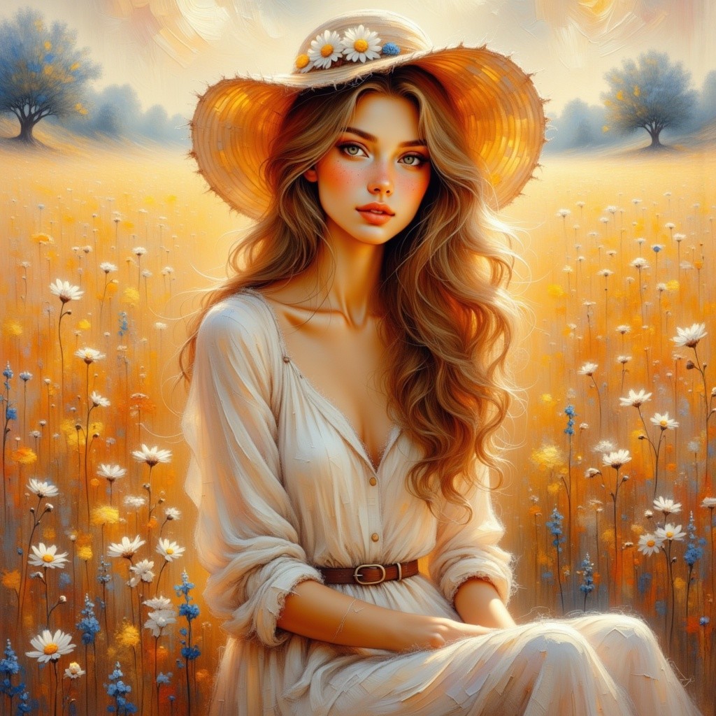 Young woman in white dress in sunlit wildflower field