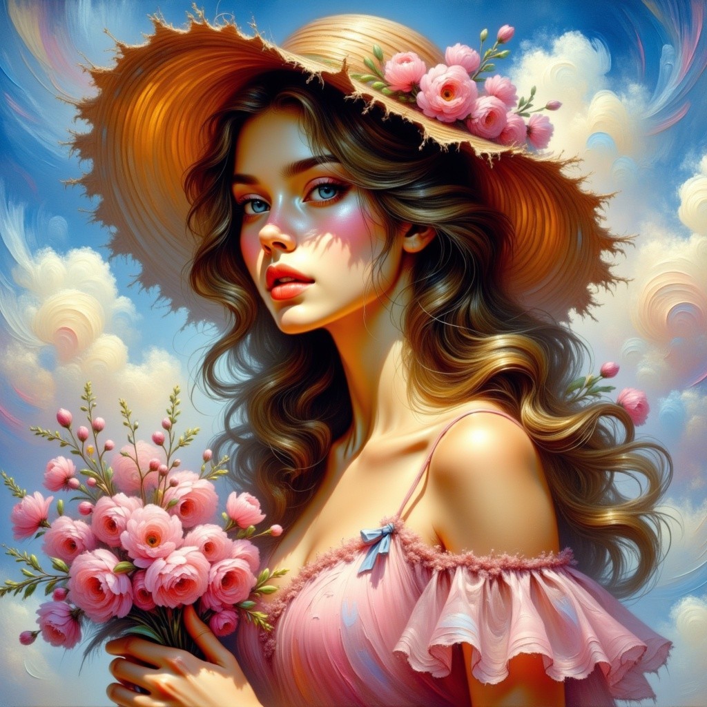 Young woman in pink dress with floral hat and bouquet