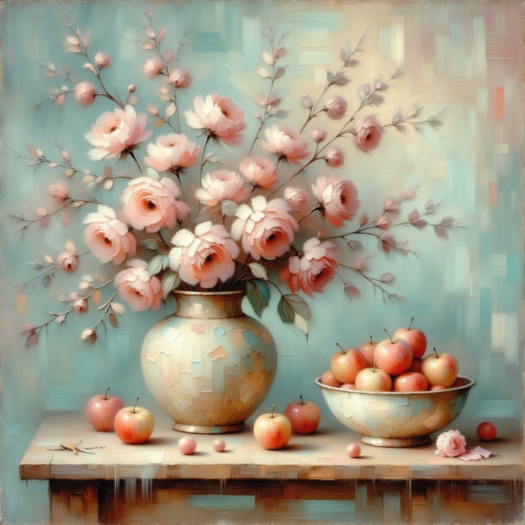 Pastel Still Life with Roses and Red Apples