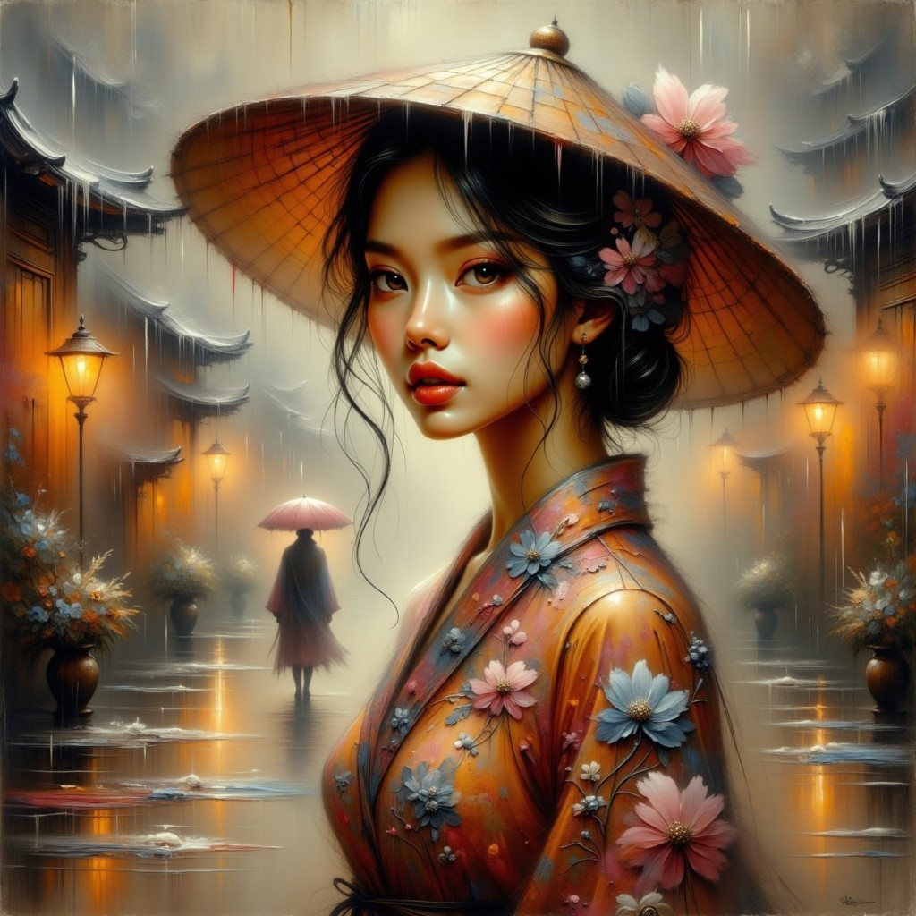 Serene scene of a woman in a floral kimono and hat