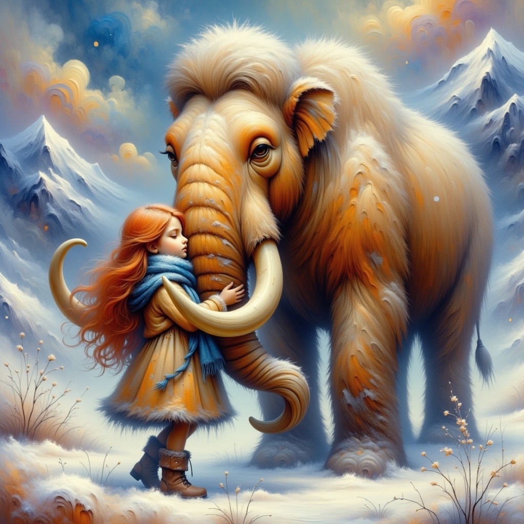 Young girl with red hair and mammoth in snowy landscape