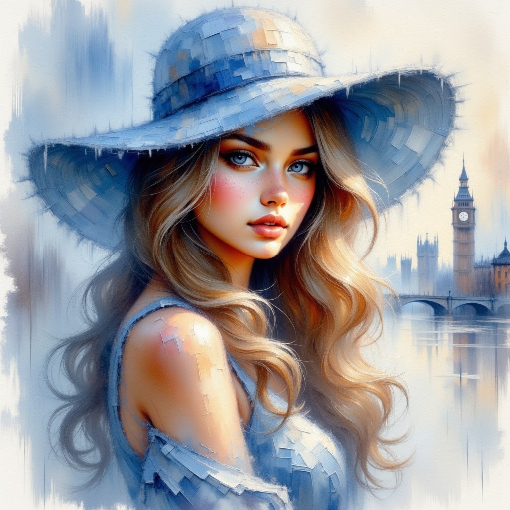 Detailed Painting of Woman by Riverside with Big Ben