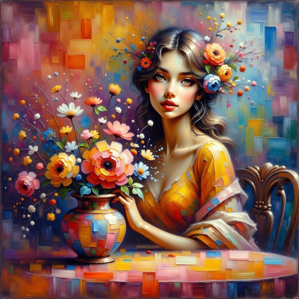 Woman in Yellow Dress Surrounded by Colorful Flowers