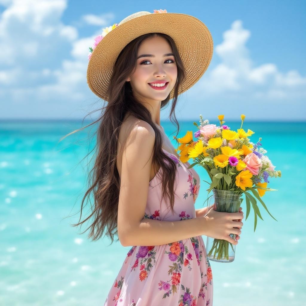 Young woman in floral dress on sunlit beach with flowers